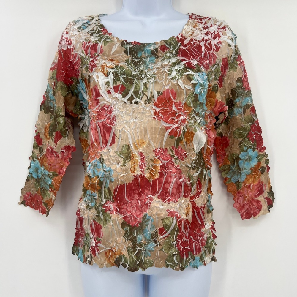 Vintage Y2K Origami Magic Scarf Popcorn Shirt Floral Crinkle Stretch Top OS